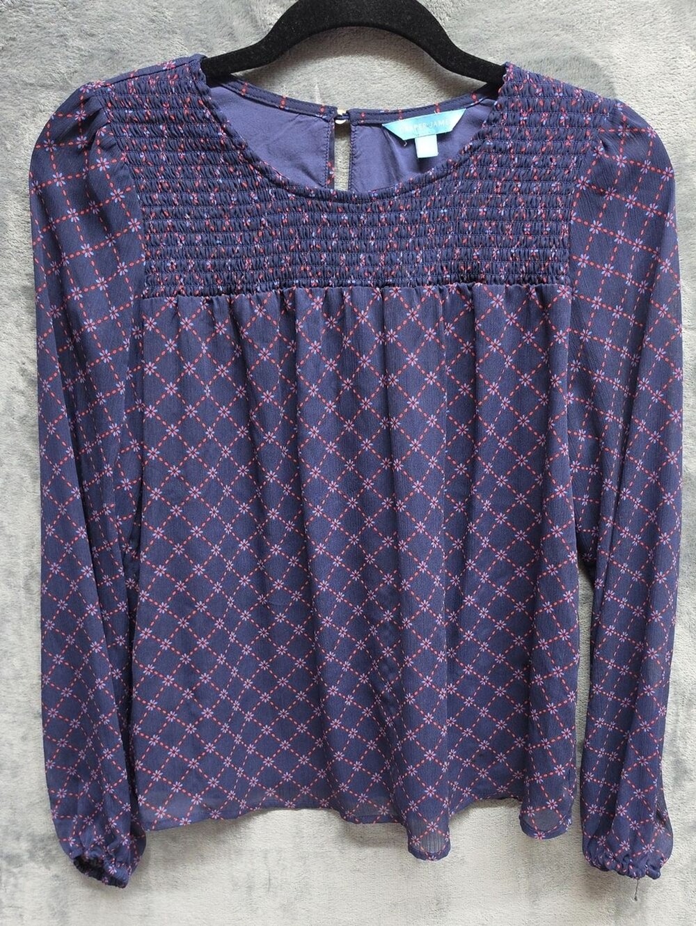 Draper James Navy Smocked Yoke Blouse with Pink Geometric Print
